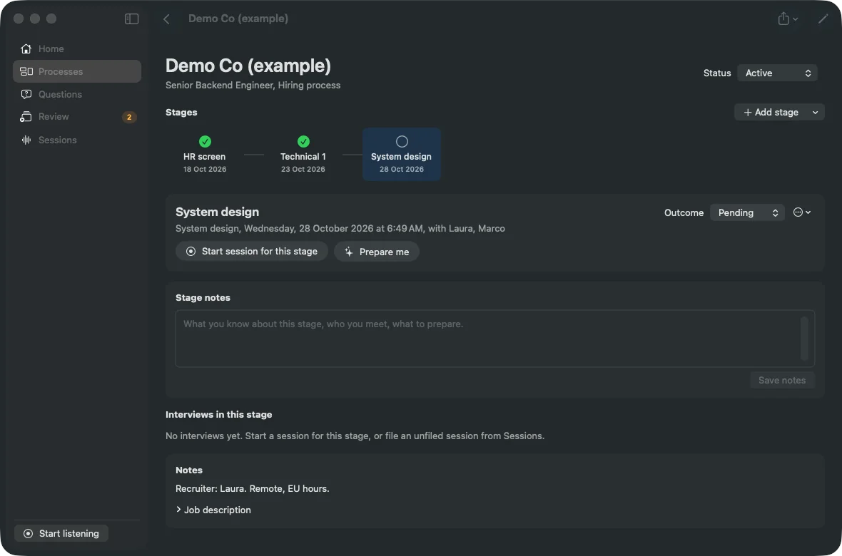 Fennec showing a hiring process for Demo Co with three stages: HR screen and Technical 1 done, System design up next, with buttons to start a session and to prepare.